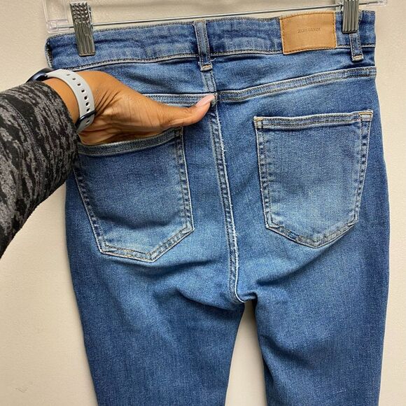 Zara Womens Blue High Rise Ripped Cuff Cut Off Skinny Medium Wash Denim Jeans 4 - Picture 8 of 10